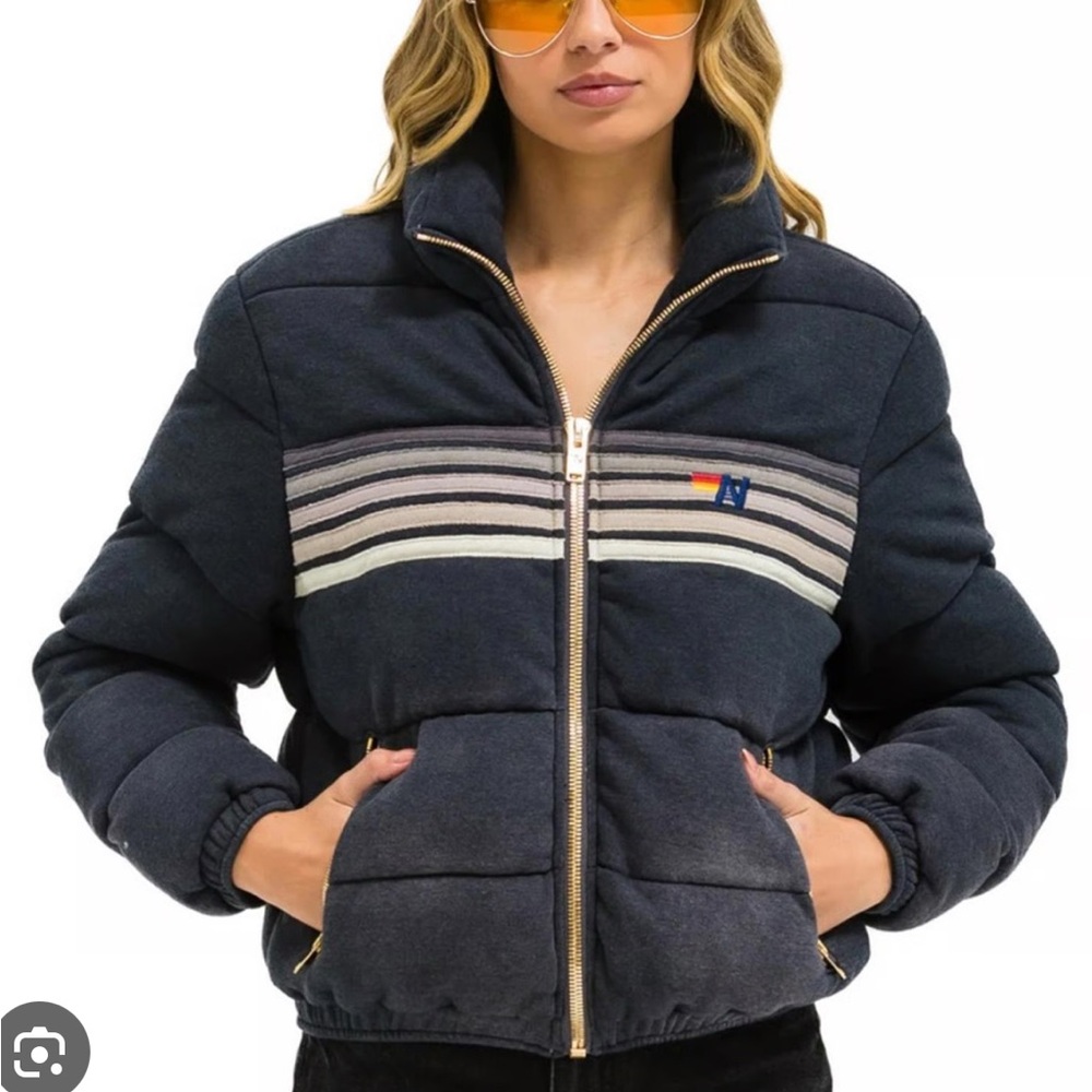 Aviator Nation Navy Puffer Jacket with Stripe Accent
